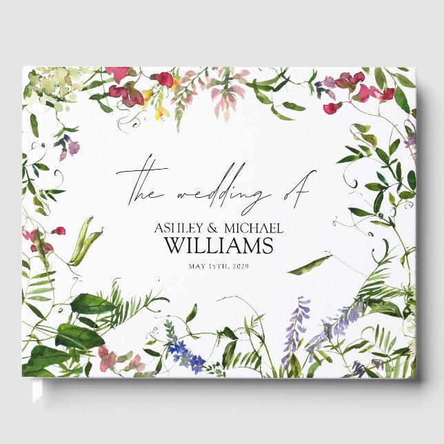 Modern Summer Wildflower Calligraphy Wedding Guest Book (Front)