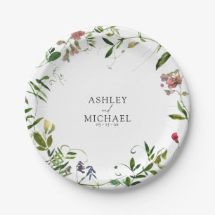 Modern Summer Wildflower Calligraphy Wedding Paper Plate