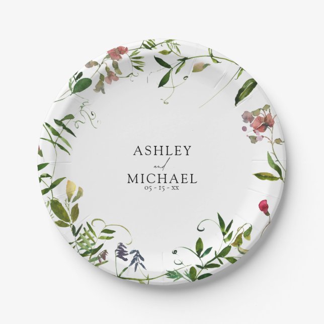 Modern Summer Wildflower Calligraphy Wedding Paper Plate (Front)