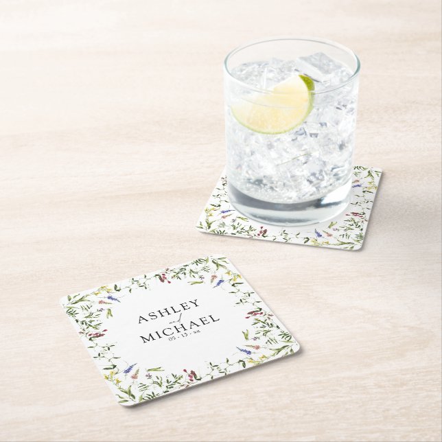 Modern Summer Wildflower Calligraphy Wedding  Square Paper Coaster (Insitu)