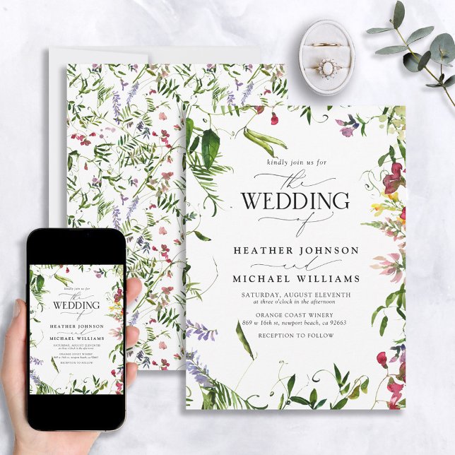 Modern Summer Wildflower Watercolor Script Wedding Invitation (Creator Uploaded)