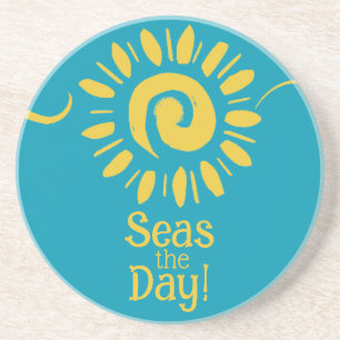 Modern Sun Blue Yellow Beach House Seas Day Round Coaster