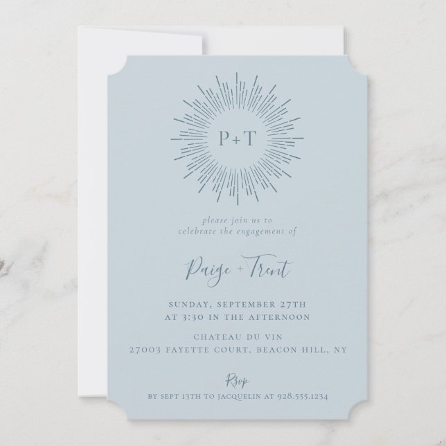 Modern Sunburst Light Blue Engagement Party Invitation (Front)