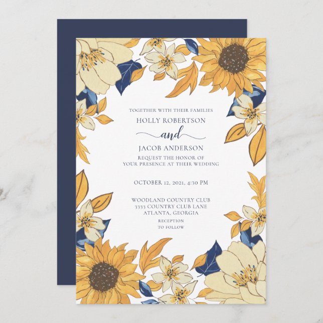 Modern Sunflower Blue Yellow Floral Wedding Invitation (Front/Back)