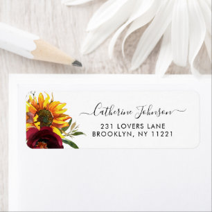 Modern Sunflower Burgundy Rose Floral Watercolor Return Address Label