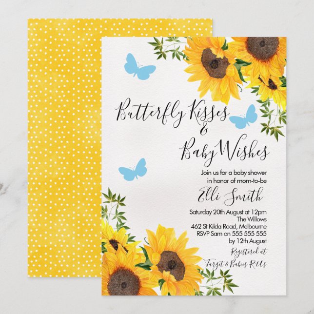 Modern Sunflower Butterfly Baby Shower Invitation (Front/Back)