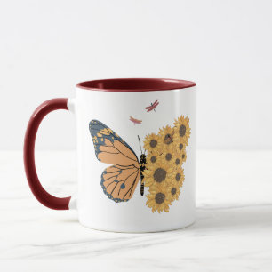 Modern Sunflower Collage Butterfly and Dragonfly  Mug