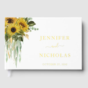 Modern Sunflower Eucalyptus Wedding Gold Guest Book