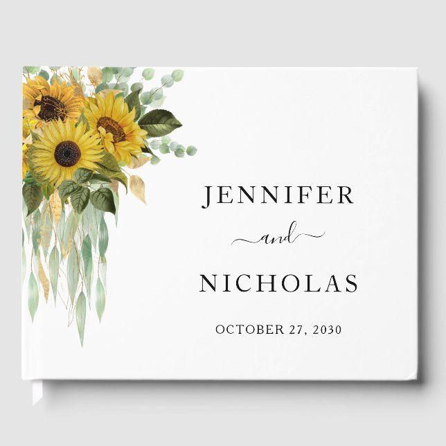 Modern Sunflower Eucalyptus Wedding Guest Book (Front)