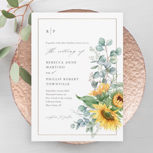 Modern Sunflower Eucalyptus Wedding Magnetic Invitation (A modern, elegant hand-painted sunflower eucalyptus wedding magnetic invitation.)