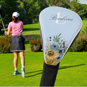 Modern Sunflower Floral Custom Monogram Name Golf Head Cover