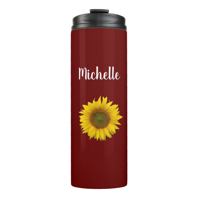 Modern Sunflower Floral Personalised Red Thermal Tumbler (Front)