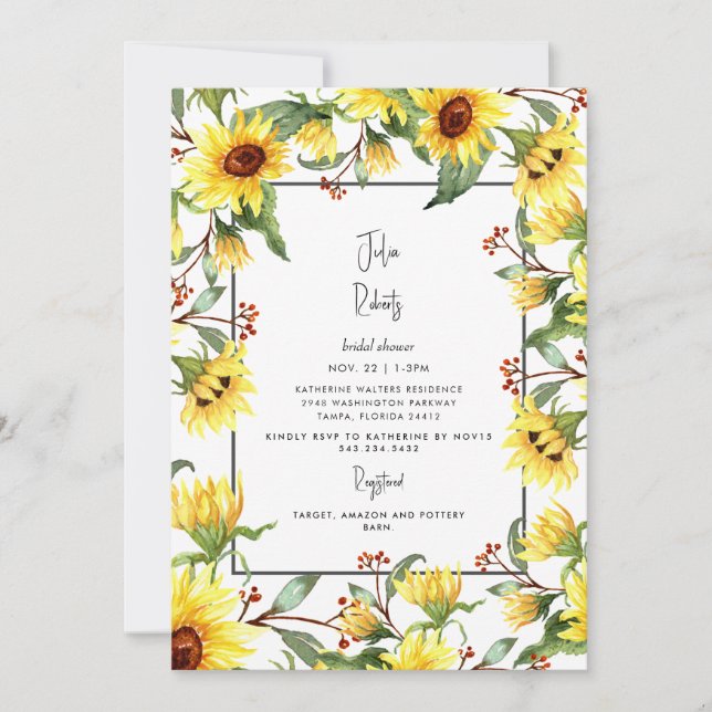 Modern Sunflower Floral Watercolor Bridal Shower  Invitation (Front)