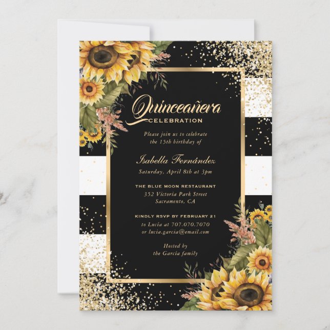 Modern Sunflower Gold Black White Quinceañera Invitation (Front)