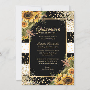 Modern Sunflower Gold Black White Quinceañera Invitation