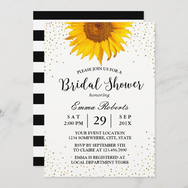 Modern Sunflower Gold Confetti Dots Bridal Shower Invitation (Front/Back)