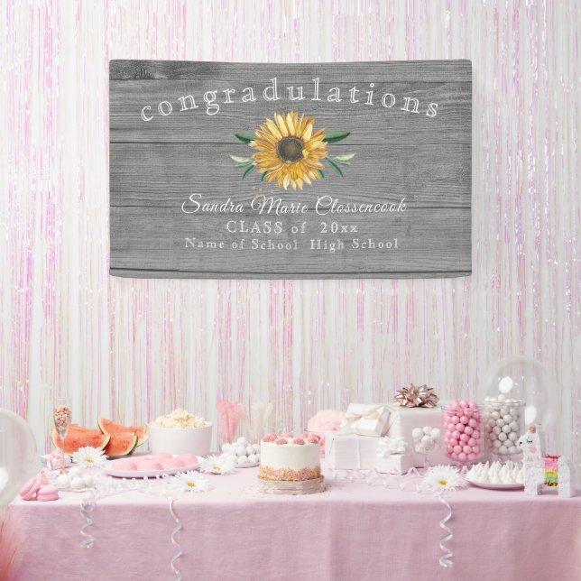 Modern Sunflower graduation Rustic Grey Wood  Banner (Party)