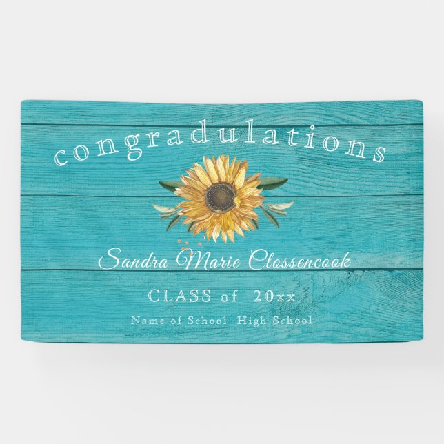 Modern Sunflower graduation Rustic teal Wood Banner (Horizontal)