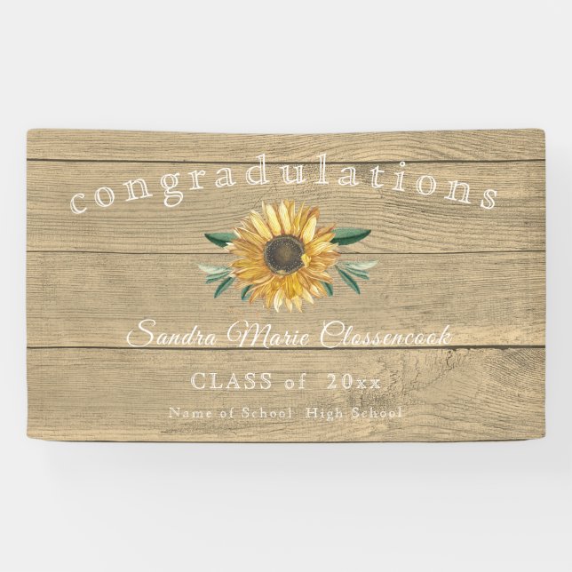 Modern Sunflower graduation Rustic  Wood Banner (Horizontal)