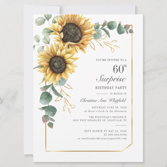 Modern Sunflower Greenery Floral 60th Birthday Invitation (Front)
