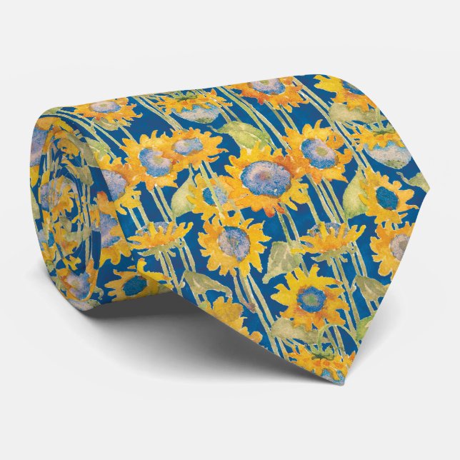 Modern Sunflower on Blue Floral Pattern Tie (Rolled)