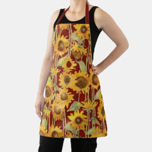 Modern Sunflower on Red Watercolor Floral Pattern Apron