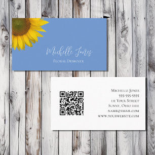 Modern Sunflower QR code Blue Botanical Business Card
