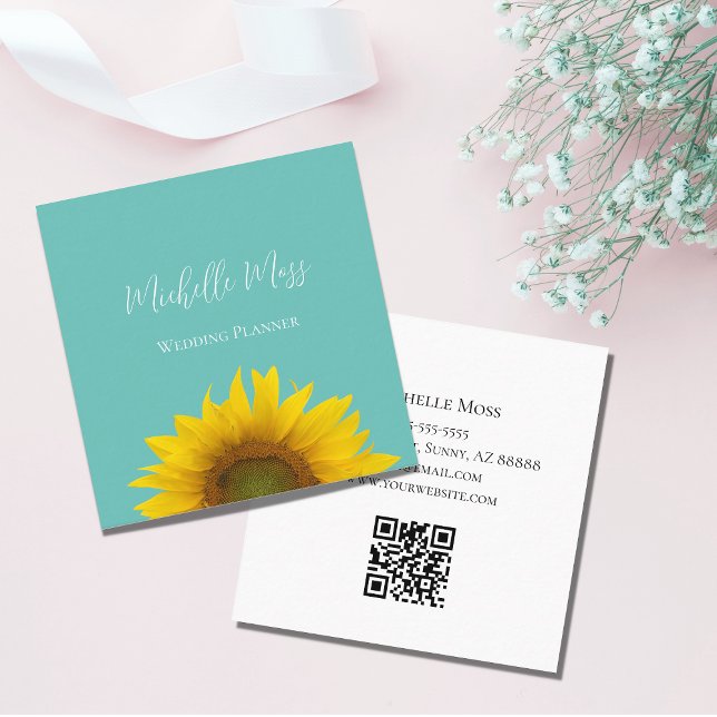 Modern Sunflower QR code Trendy Teal Green Square Business Card (Creator Uploaded)
