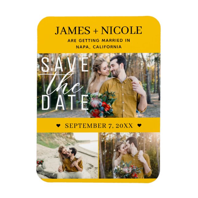 Modern Sunflower Save the Date Wedding 3 Photos Magnet (Vertical)