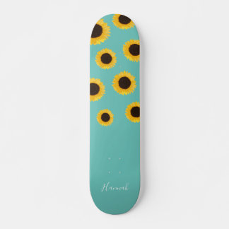Modern Sunflower Teal Personalised Skateboard