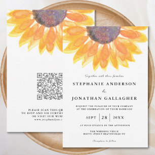 Modern Sunflower Watercolor QR Code Wedding  Invitation