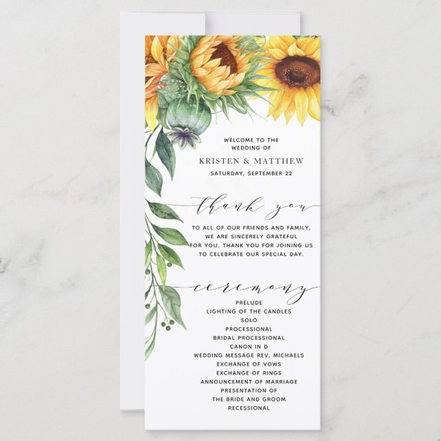 Modern Sunflower Watercolor Wedding Program (Front)