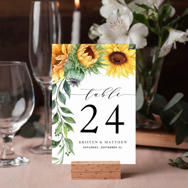 Modern Sunflower Watercolor Wedding Table Number (Watercolor sunflower cascade design table number card is perfect for your wedding reception.)