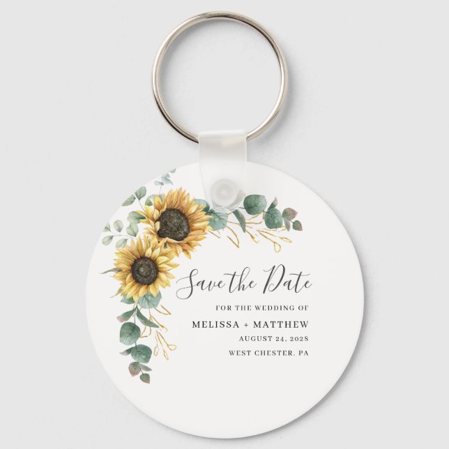 Modern Sunflower Wedding Save the Date Keepsake Key Ring (Front)
