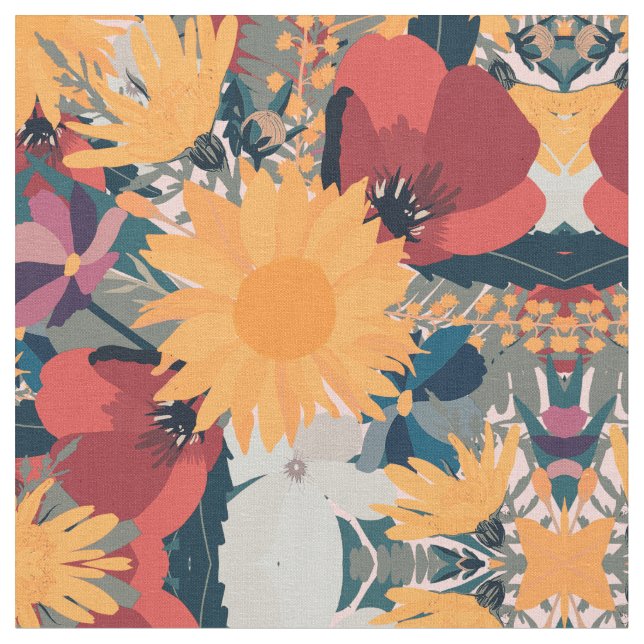 Modern Sunflowers Floral Autumn Colours Design Fabric (Close Up)