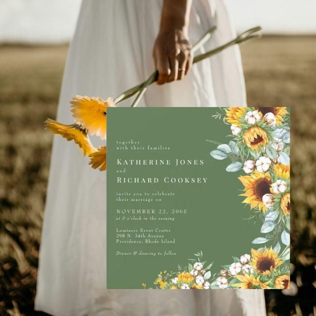 Modern Sunflowers Green Square No Parents Wedding Invitation (Creator Uploaded)