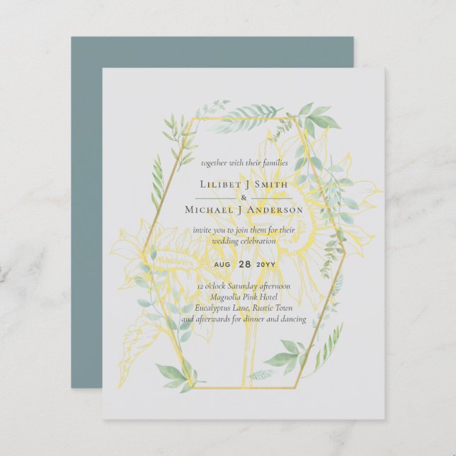 Modern Sunflowers Greenery Sage Gold Wedding (Front/Back)