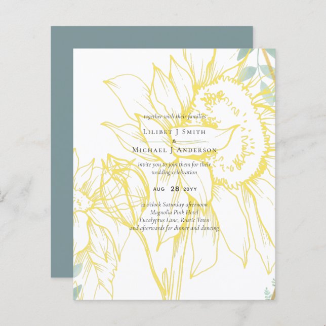 Modern Sunflowers Greenery Sage Gold Wedding (Front/Back)