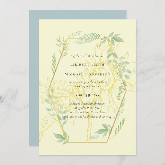 Modern Sunflowers Greenery Sage Gold Wedding (Front/Back)