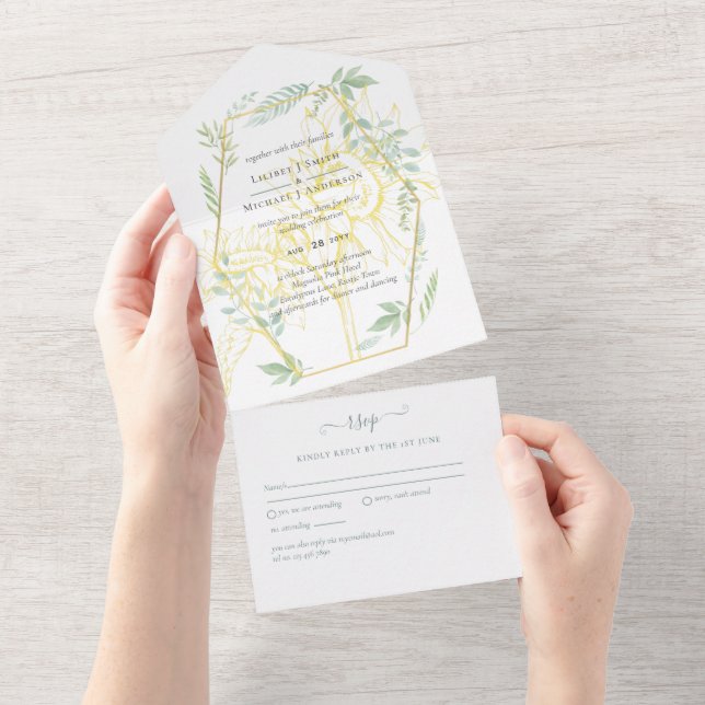 Modern Sunflowers Greenery Sage Gold Wedding All In One Invitation (Tearaway)