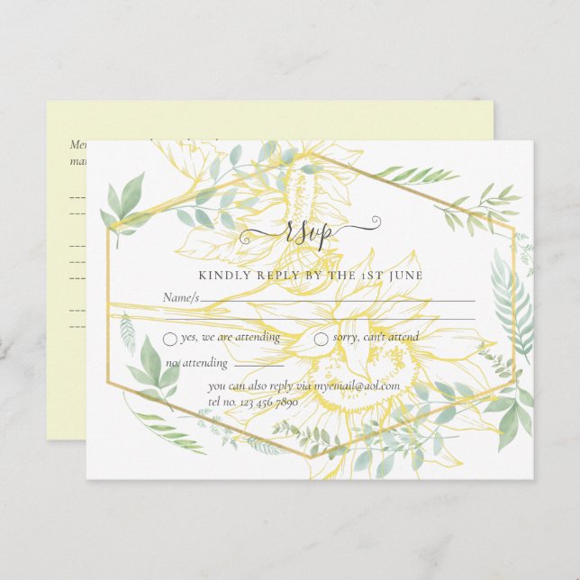 Modern Sunflowers Greenery Sage Gold Wedding Postcard (Front/Back)