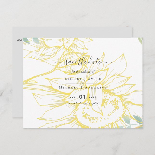 Modern Sunflowers Greenery Sage Gold Wedding Postcard (Front/Back)