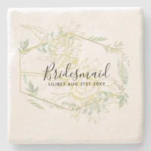 Modern Sunflowers Greenery Sage Gold Wedding Stone Coaster