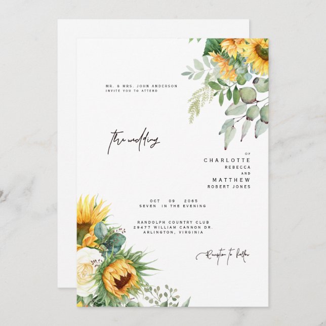 Modern Sunflowers In Bloom Greenery Parents Invitation (Front/Back)