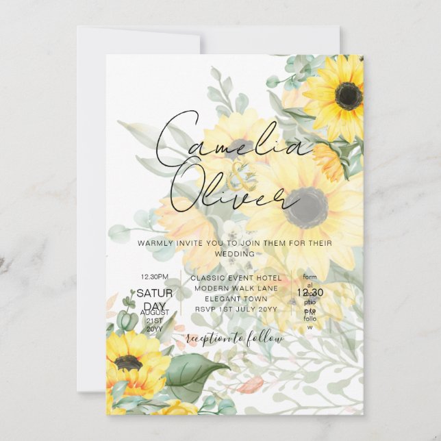 Modern Sunflowers Photo Wedding Invitation (Front)