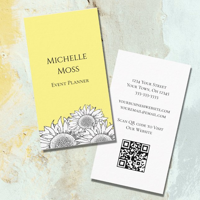 Modern Sunflowers QR code Boho Yellow Business Card (Creator Uploaded)