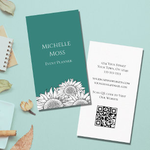 Modern Sunflowers QR code Trendy Teal Green Business Card