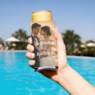Modern Sunset Beach Wedding Photo  Seltzer Can Cooler