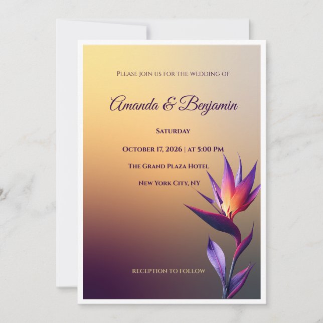Modern Sunset Bird of Paradise Wedding Invite (Front)