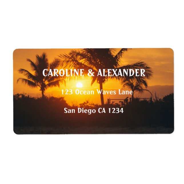 Modern Sunset Ocean Tropical Beach Wedding Label (Front)
